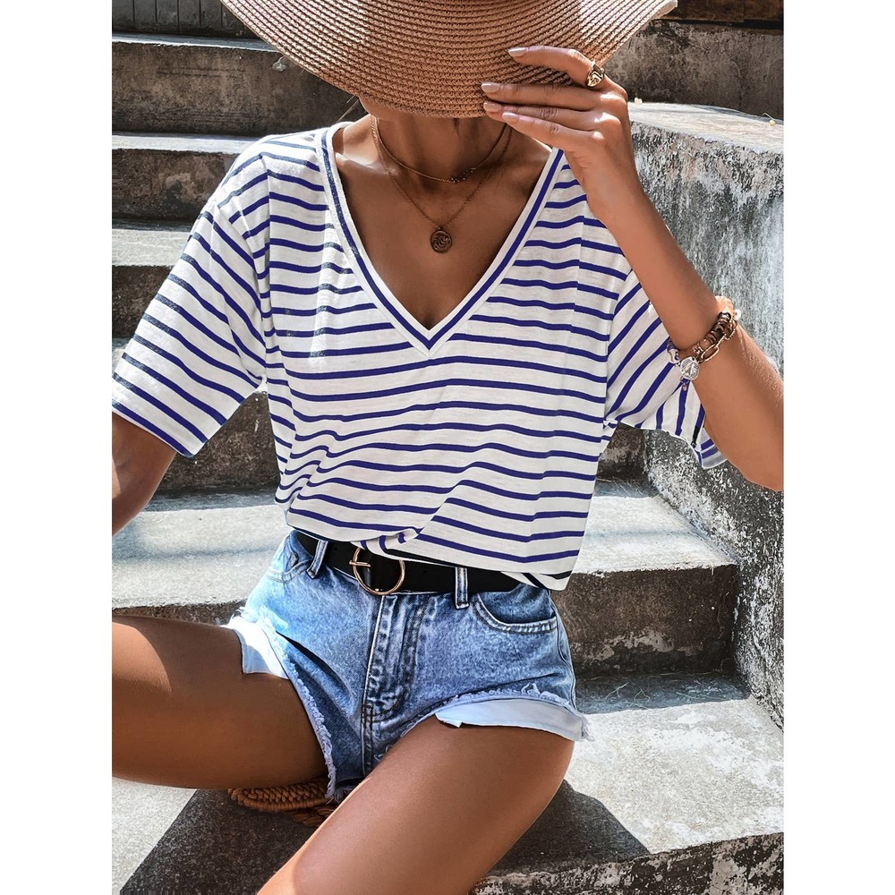 Classic preppy Striped V Neck Tee shirt top white black - Picture 7 of 11